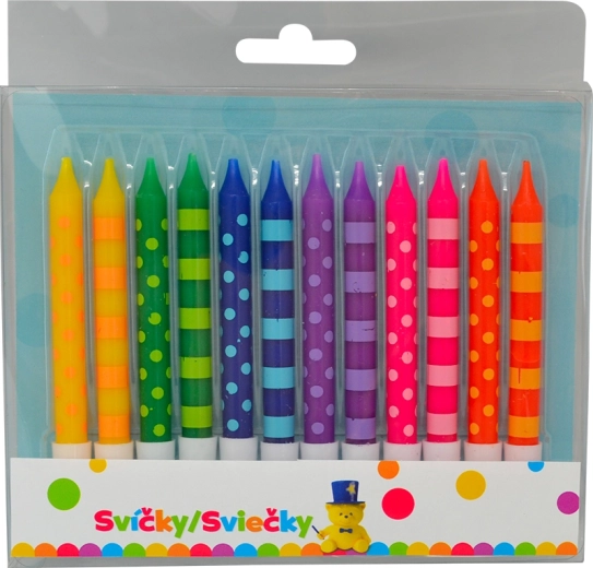 Birthday candles 8 cm with dots and stripes, 12 pcs