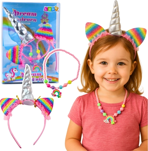 Laste komplekt ükssarvik Dream Unicorn – sarvega peavõru ja värviline kaelakee