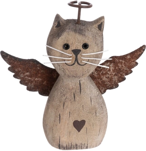 Paulownia and metal cat decoration, beige, 12 cm