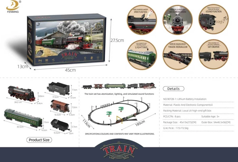 Retro train set with smoke, sound and lights, 185 × 113 cm