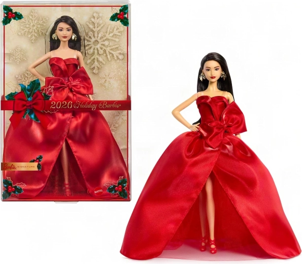 Mattel Barbie Signature jõulukollektsionääri nukk 2026, mustade juustega, punases kleidis