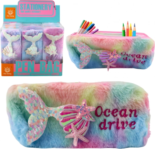 Plush pencil case with a mermaid tail and sequins in pastel colors