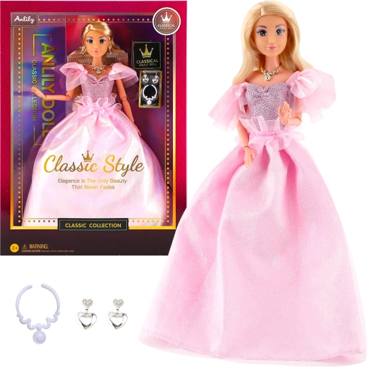 Fashion doll in formal pink dress