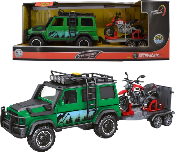 City Service Car forest ranger vehicle with trailer and motorcycle 1:14 with sounds and lights