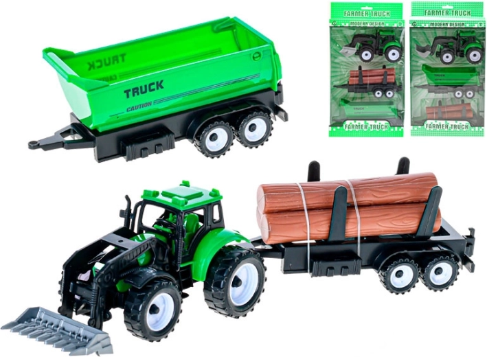 Roheline traktor esilaaduri ja 2 vahetatava haagisega hoorattaajamiga
