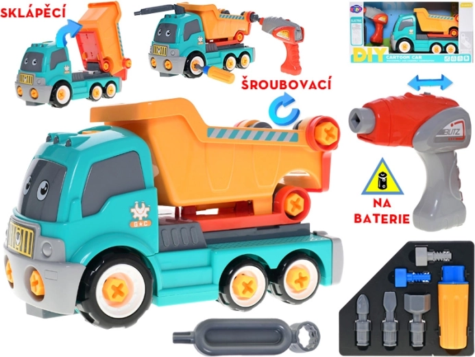Screw-together dump truck with battery-powered drill for kids