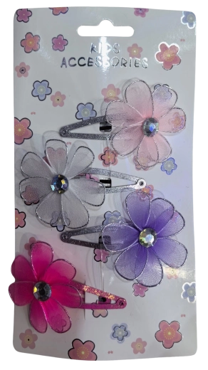 PINK juukseklambrite komplekt tüll-lilledega, värvide segu (4 tk)