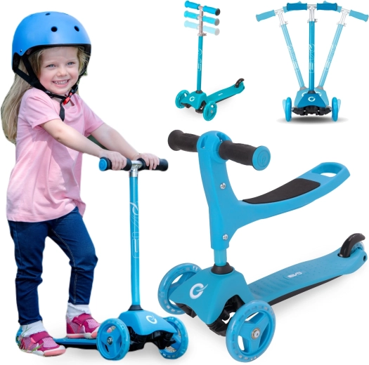 Evo 2-in-1 children's three-wheel scooter with seat, light blue