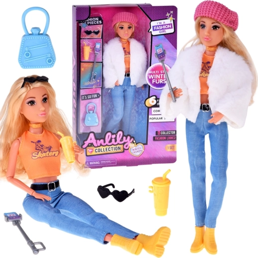 Stiilne nukk ANLILY, influencer talvises outfitiis koos aksessuaaridega