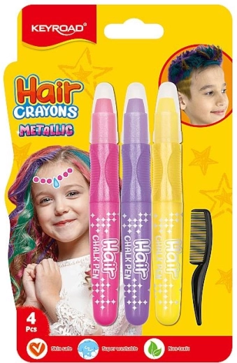 Keyroad Metallic Shine Hair Chalks – pink, purple and yellow, with comb