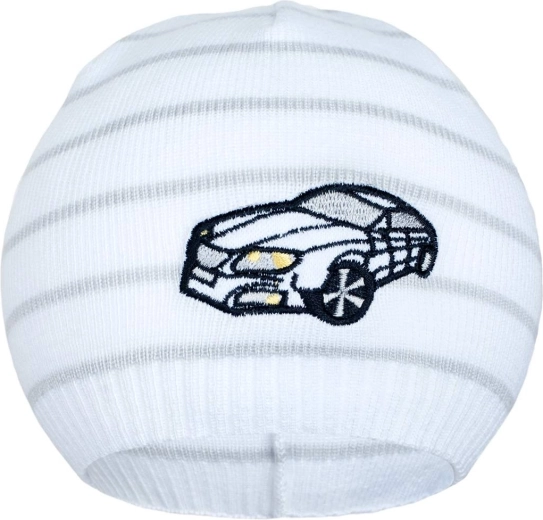 Spring knitted beanie New Baby with little car white/light grey