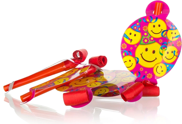 Party blowouts with smiles and balloons, 6 pcs