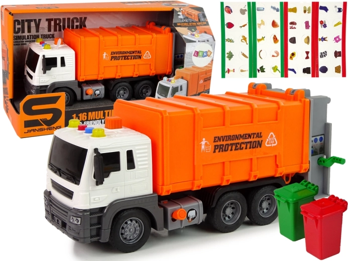 Oranž sorteeriv prügiveoauto 1:16 hõõrdajamiga ja heliefektidega
