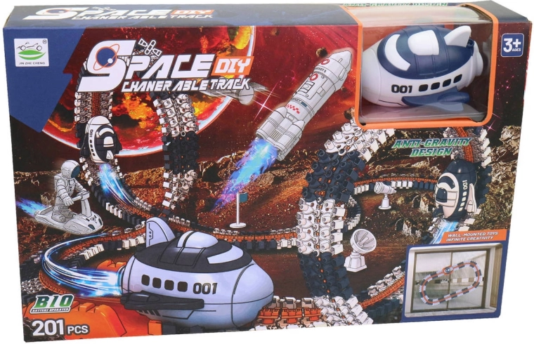 MaDe space track for the wall with suction cups – building set with a battery-powered space shuttle and astronaut (201 pieces)