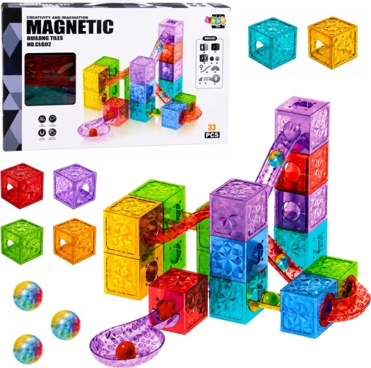 Magnetic building set – colorful transparent cubes with a marble run (33 pieces)