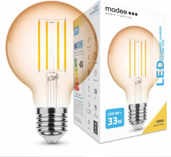 Modee LED-filamendiga lambipirn Amber Globe G80 4 W E27, 360 lm, soe valge