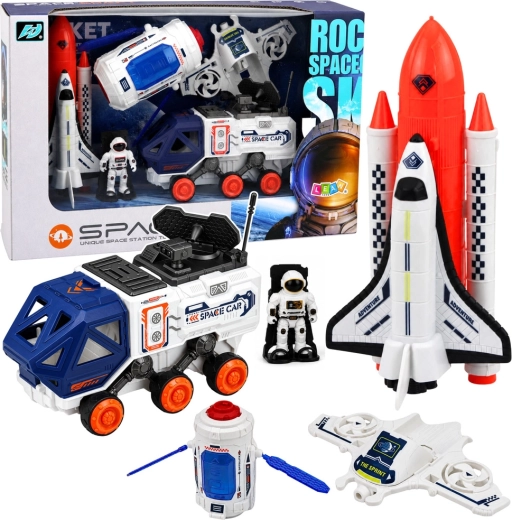 Space set with a rocket, space shuttle, satellite, drone, astronaut, and rover