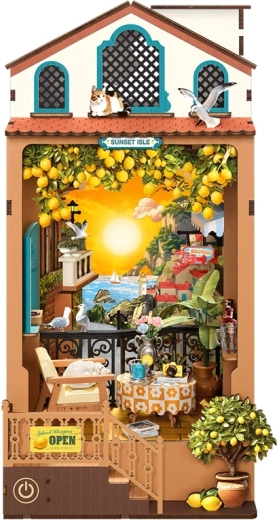 Robotime 3D pusle-raamatutugi (book nook) miniatuurse majaga – päikeseloojang saarel
