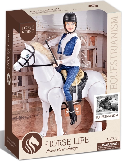 Riding white battery-powered horse with sounds and rider