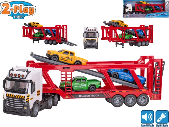 2-Play Traffic Car Carrier Truck with Pull-Back Drive, Lights & Sounds + 3 Mini Cars, 38 cm