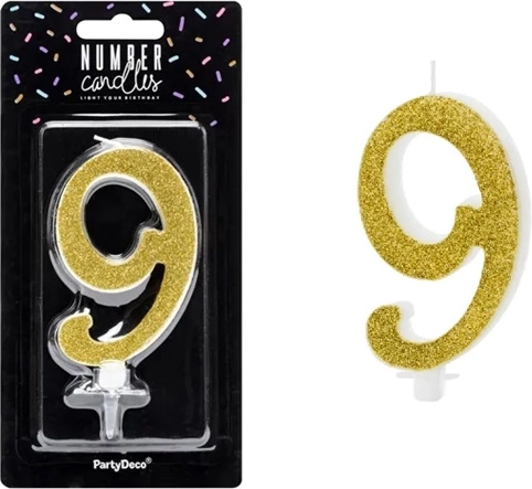 Gold birthday cake candle number 9 - 1 piece
