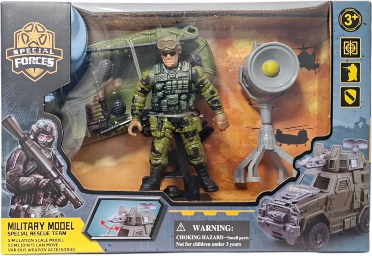 Military playset with soldier figure, vehicle and accessories