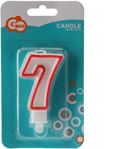 Birthday candle number 7 – white with red border, with stand