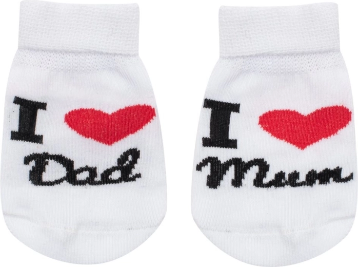 Puuvillased beebisokid New Baby I Love Mum and Dad, valged, 0–3 kuud