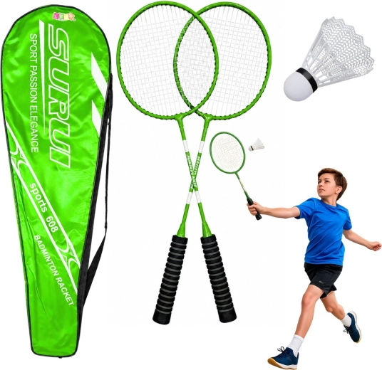 Green badminton set with 2 rackets, a shuttlecock and a case