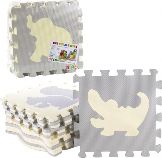 Soft EVA foam puzzle mat with animals, beige and gray, 9 pieces