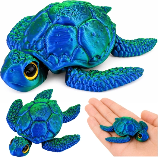 3D Sea Turtle Figurine with Movable Flippers and Head, Blue-Green, 8 cm