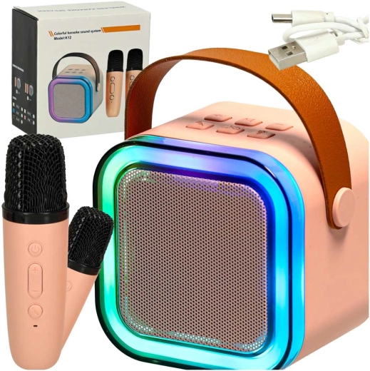 Karaokekomplekt Bluetooth-kõlariga, 2 juhtmevaba mikrofoni ja 6 W LED-valgustusega – roosa