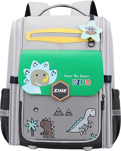 School Backpack with Dinosaur Motif and Chest Strap Gray-Green 21L