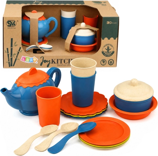 Children’s bamboo-fiber tea set (15 pieces), blue-orange