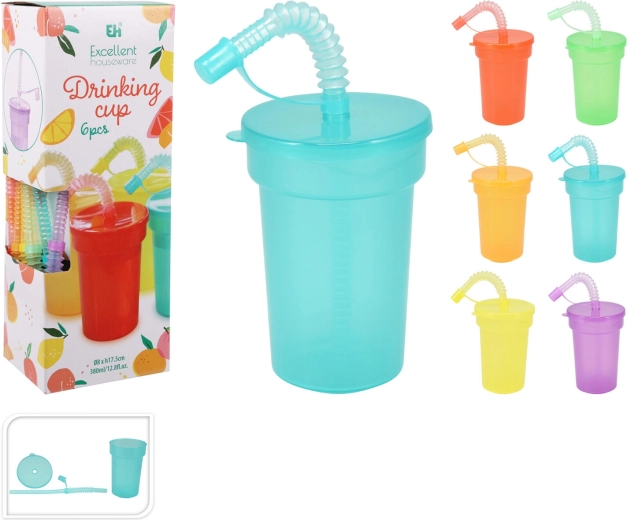 Plasttopside ja joogikõrrega 380 ml, värvisegu, komplekt 6 tk