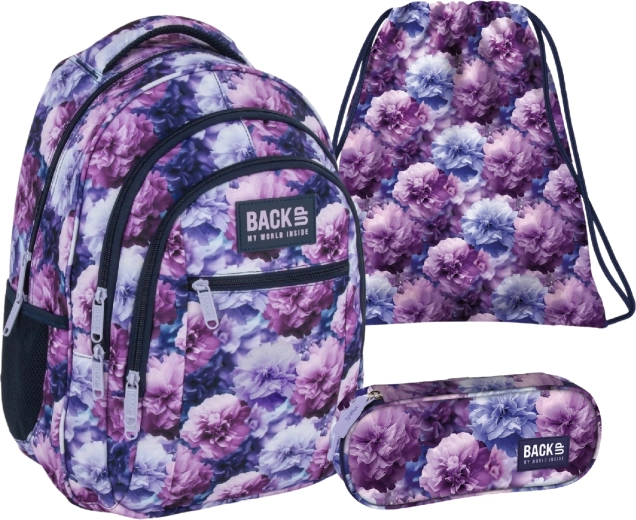 Koolikomplekt BackUP Violet Flowers 3in1 – seljakott, pinal ja kott