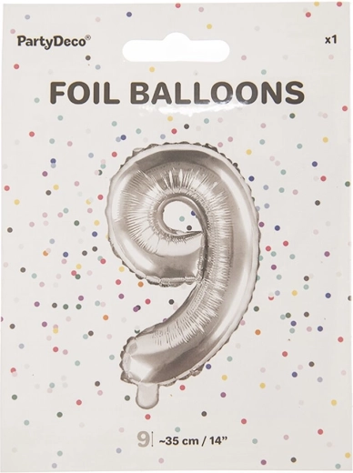 Foil balloon number 9 silver 35 cm