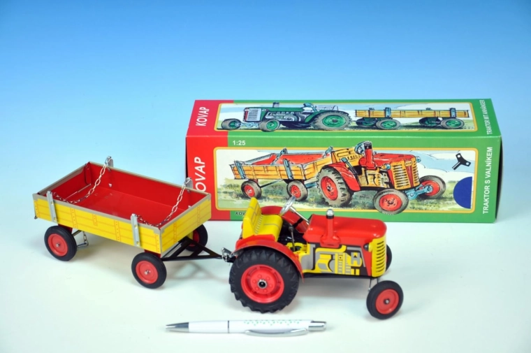 Zetor traktor haagisega, vedrumehhanismiga, metall, 28 cm, KOVAP – Punane