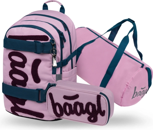 Baagl set 3 Skate Rose – school backpack, pencil case and foldable sports bag GRS