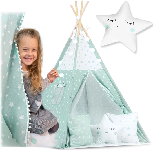 Laste teepee valguskettidega – mündiroheline tähekestega