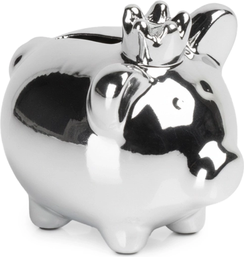 Ceramic piggy bank, silver with mirror shine, 9.5 × 7 × 8.5 cm