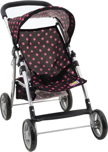 Doll umbrella stroller black with pink polka dots and basket - 1 piece