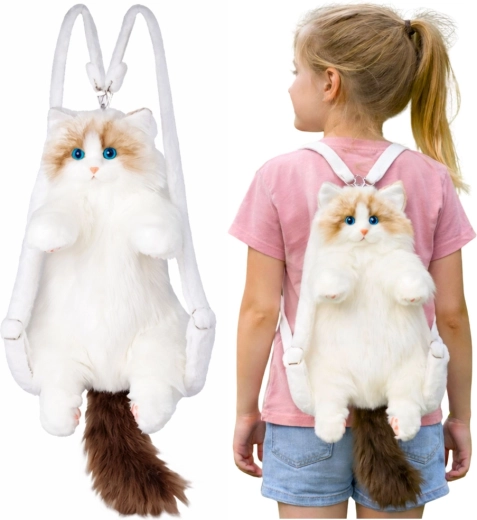 Plüüsist kassikujuline seljakott, valge, 50 cm