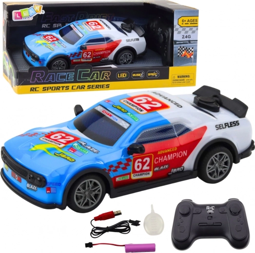 Remote-controlled race car with LED and water vapor, blue 1:22