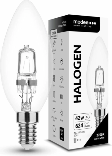 Modee halogeenpirn Candle C35 42 W E14, 624 lm, soe valge