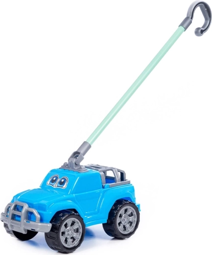Pull-along blue toy car with handle for kids