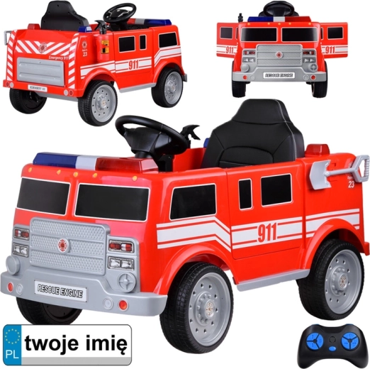 Kids' battery-powered fire truck with remote control, lights and siren