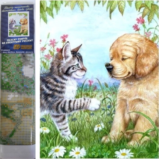 Teemantmaal „Kutsikas ja kassipoeg” 30 × 40 cm