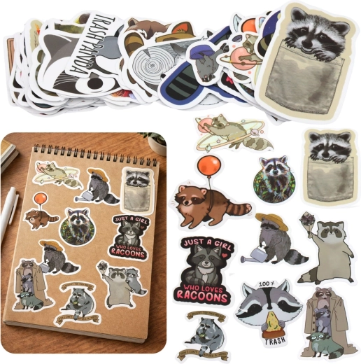 Sticker set with raccoon, various designs, 50 pcs, 7–8 cm