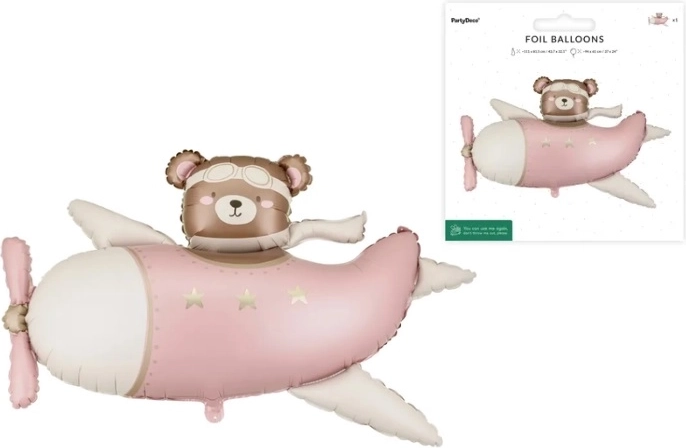 Foil Balloon Teddy Bear in an Airplane (Light Pink)